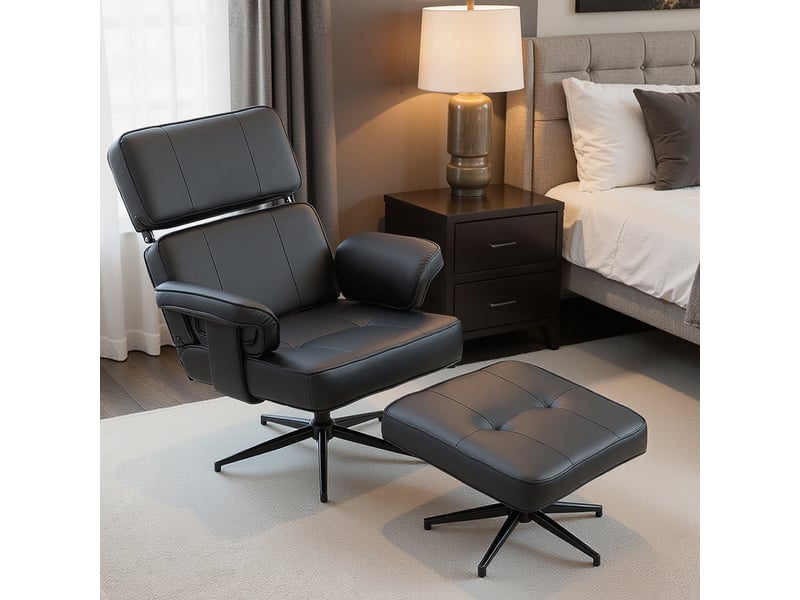  Fauteuil inclinable réglable avec repose-pieds, revêtement en similicuir, appui-tête réglable en hauteur, base en métal, noir  - Conforama C