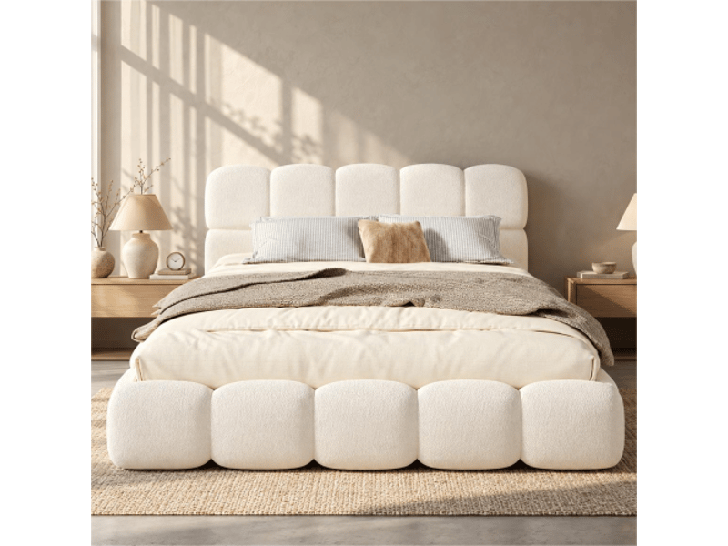  Lit coffre hydraulique 200x200 cm, avec sommier, tête de lit capitonnée, grand rangement, tissu bouclé blanc  - Conforama E