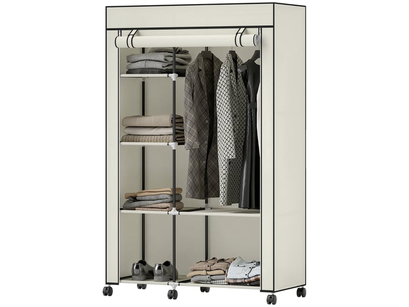  Armoire en tissu à roulettes, penderie portable avec 6 étagères et 1 tringle pour la chambre, 103 x 43 x 162,5 cm, crème  - Conforama B