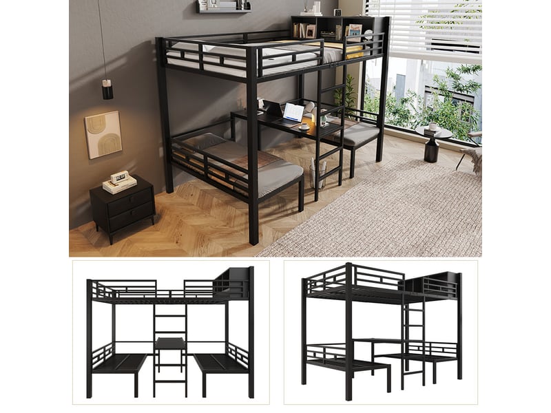  Lit superposé enfant 120x200 cm - avec échelle et compartiment de rangement - avec 2 sièges 60 x 120 cm - noir (matelas et coussin d’assise non inclus)  - Conforama R