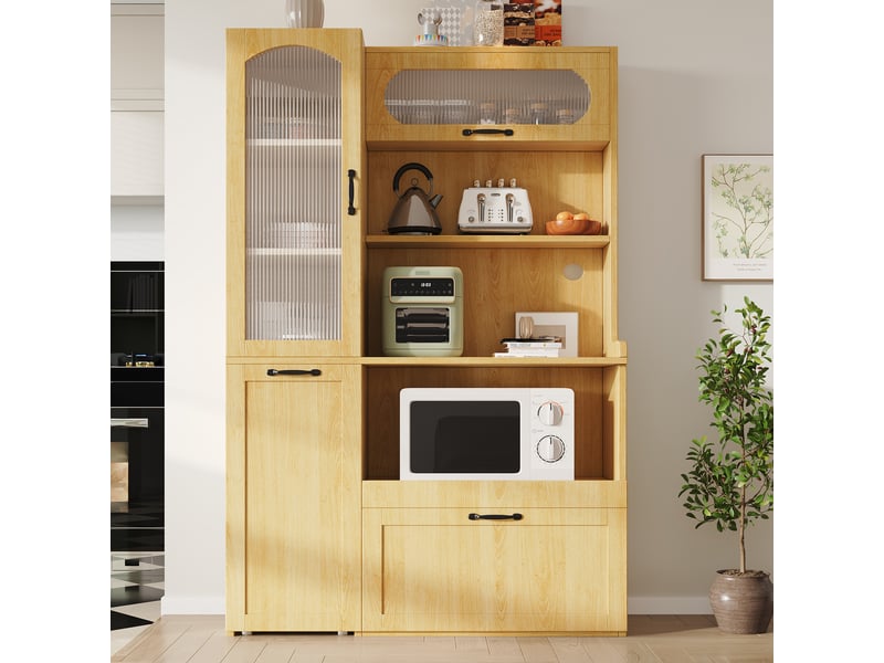 Buffet cuisine avec portes vitrées et 1 tiroir, 98 x 40 x 177 cm, étagère coulissante, niches ouvertes et verre cannelé, mdf, couleur bois Morn Vibe - Conforama B