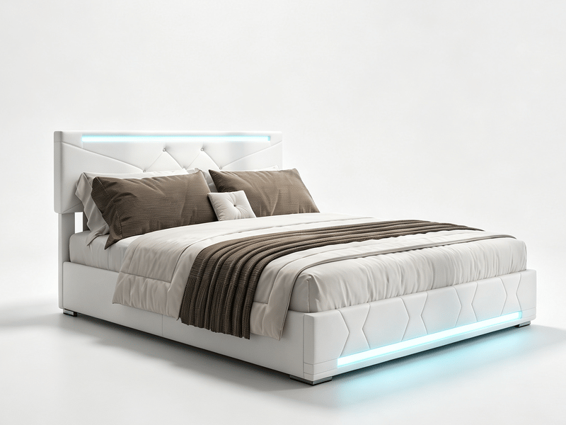  Lit 2 places 160x200 cm - led, usb - velours beige avec sommier à lattes inclus  - Conforama A