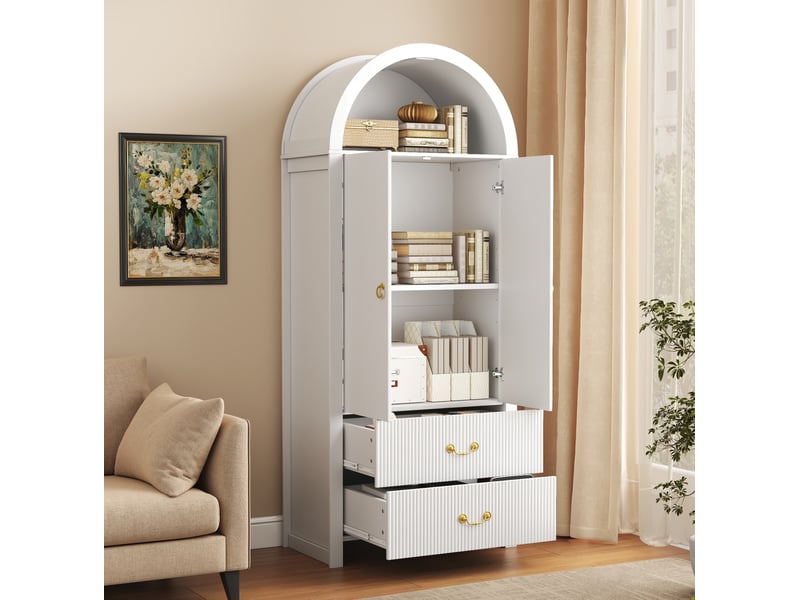  Buffet haut 76x38x180 cm avec niche ouverte et éclairage led, panneau de particules et mdf, couleur blanc  - Conforama D