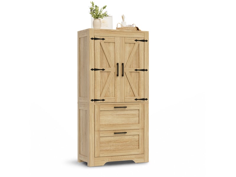  Meuble de rangement 60x30x128 cm, 2 portes, 2 tiroirs, finition bois naturel  - Conforama A