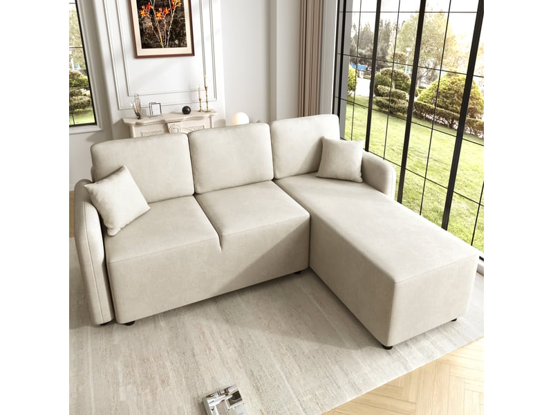  Canapé d'angle 3 places en l canapé modulable en chenille avec longue méridienne réversible 2 coussins, beige  - Conforama R