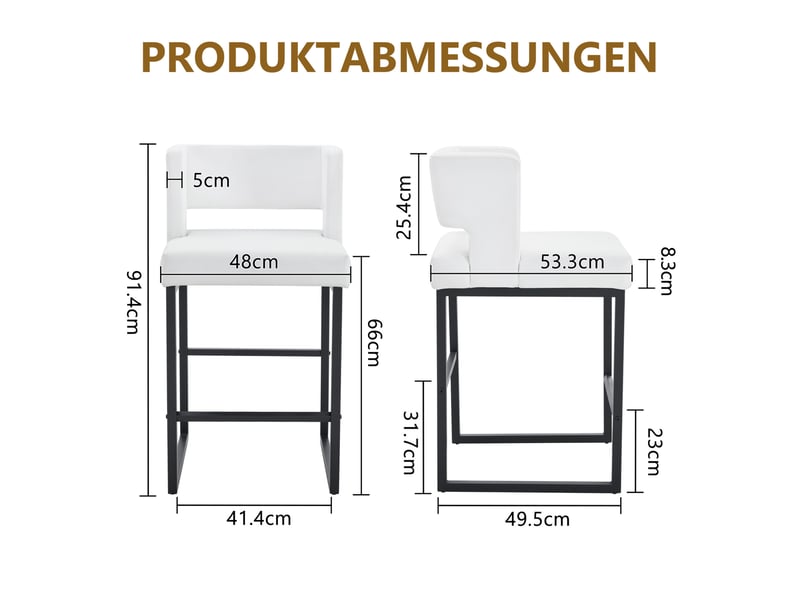 Lot de 2 tabourets de bar 53x48x91 cm, pieds métalliques noirs, pu blanc, chaises hautes, assise carrée, meuble cuisine - Conforama C