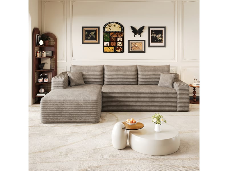  Canapé d’angle 3 places en velours côtelé camel, canapé panoramique 241 cm avec méridienne, assise profonde pour le salon  - Conforama W