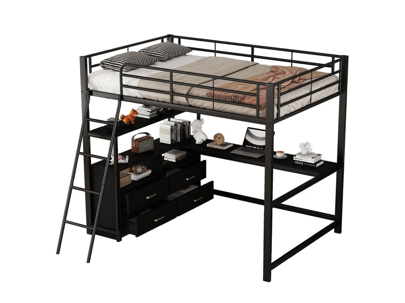  Lit mezzanine 140x200 cm en métal et mdf avec bureau en l et tiroirs, noir  - Conforama A