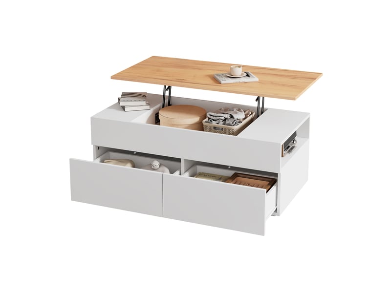 Table basse relevable 100x50 cm, table de salon avec rangement caché et 2 tiroirs, table basse blanc et bois - Conforama R
