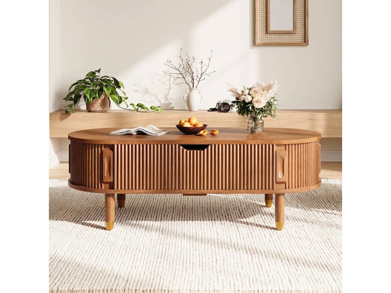  Table basse relevable ovale avec portes coulissantes et pieds en bois d'hévéa, 110x48x57cm, noyer  - Conforama D