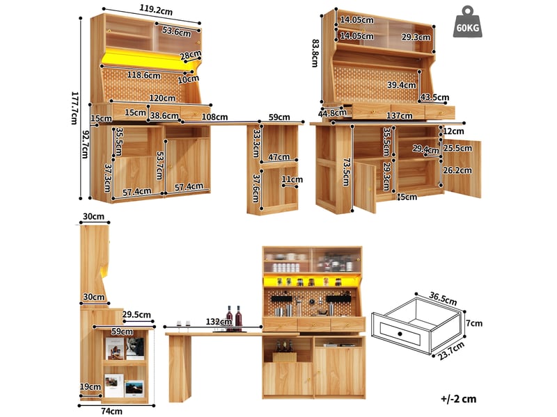  Haut de rangement modenvie avec bureau et bar led 137 x 74 x 177,7 cm mdf verre naturel  - Conforama C