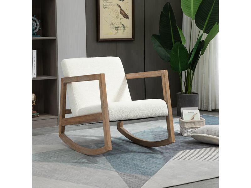 Fauteuil à bascule blanc crème en polyester et bois d’hévéa 60x81x71 cm - Conforama B