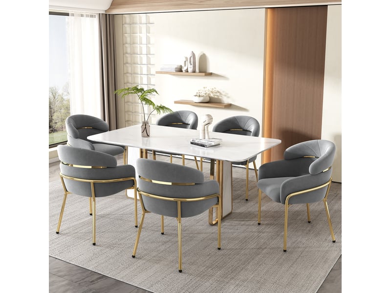  Chaise de salle à manger lot de 6 avec dossier enveloppant et quatre pieds en métal, en velours gris  - Conforama B
