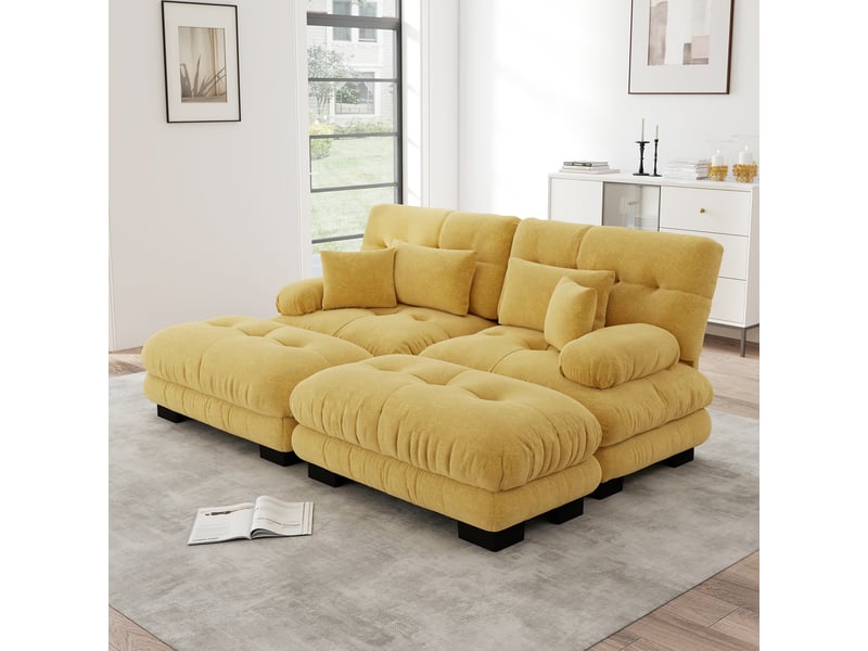  Canapé modulaire en chenille avec assise profonde, coussins lombaires et ottomans, jaune  - Conforama D