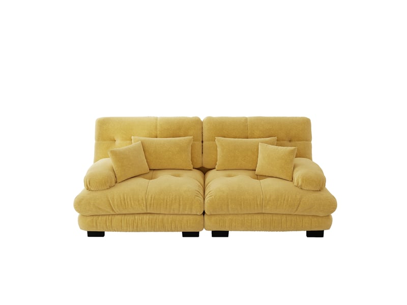 Canapé d'angle modulable en tissu chenille jaune, double sofa avec dossier bas et accoudoirs ronds, cadre en bois massif, idéal salon - Conforama A