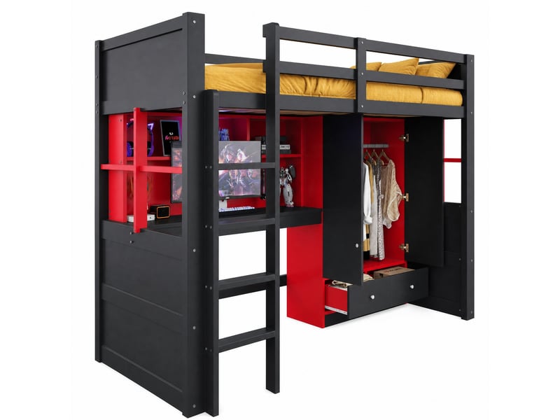  Lit mezzanine enfant 90x200 cm – noir et rouge – bureau, armoire, rangement, led et prises - sans matelas  - Conforama A