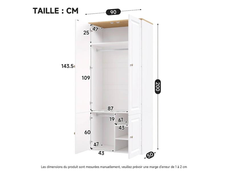 Armoire 1 porte avec penderie et 3 tiroirs, couleur chêne, portes en rotin, 45x47x200 cm - Conforama W