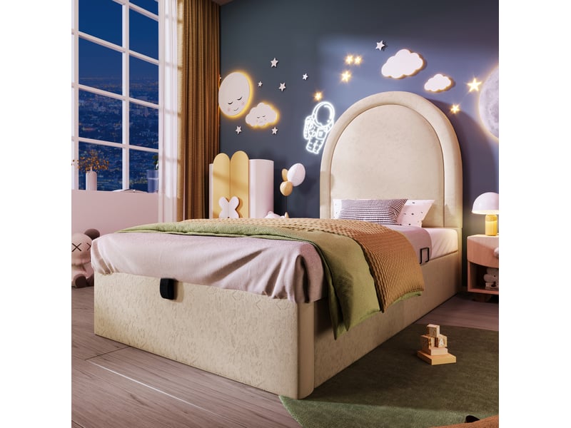  Lit coffre enfant, 90x200 cm, coffre de rangement, motif cosmique, matelas inclus, polyuréthane (pu), coloris beige  - Conforama D