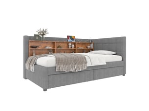 Banquette-lit 90x200 cm lin gris avec rangement, étagères et ports usb type-c