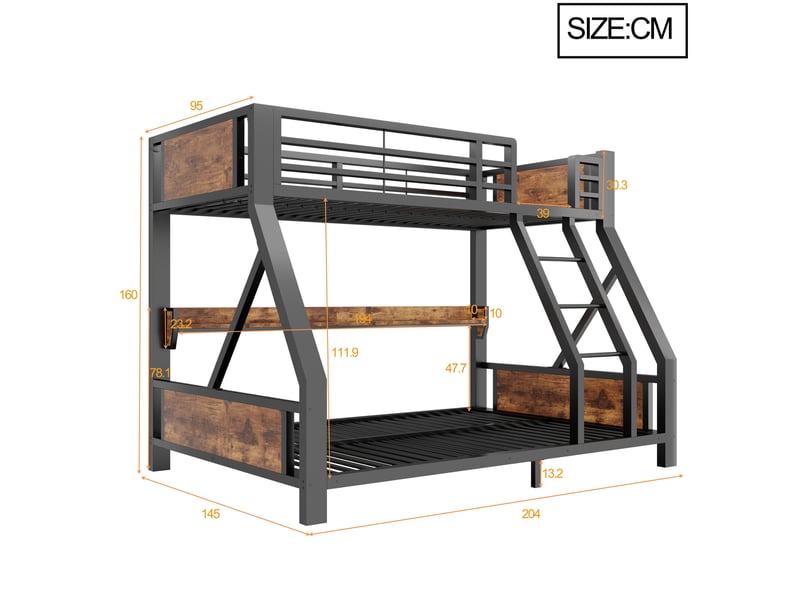  Lit superposé 90x200 et 140x200 cm avec led et étagère, métal noir, sans matelas  - Conforama C