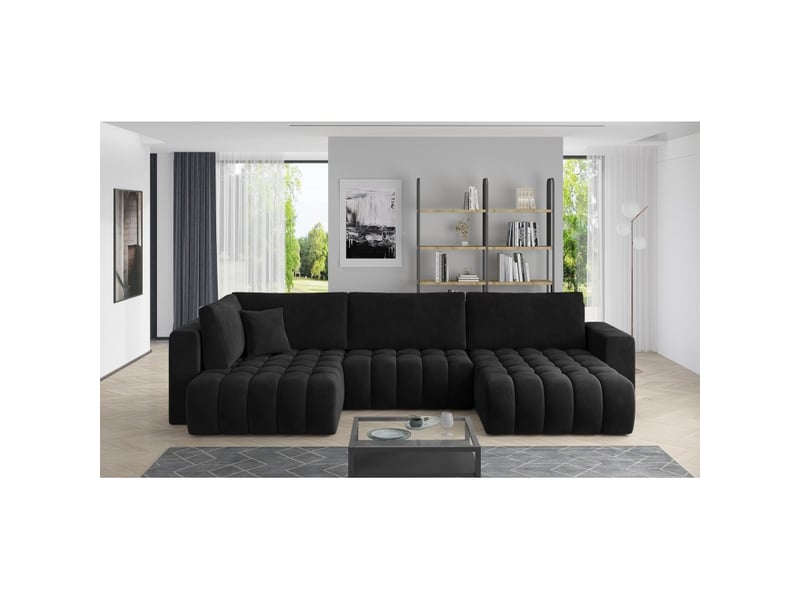 Canapé d'angle bonita convertible 6 places noir effet velours – droit – 350x175cm - Conforama B