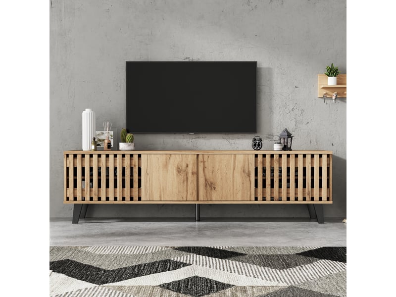  Ensemble meuble tv 180 cm et buffet 150 cm bois naturel, style scandinave pour écran 70 pouces, rangement salon  - Conforama E