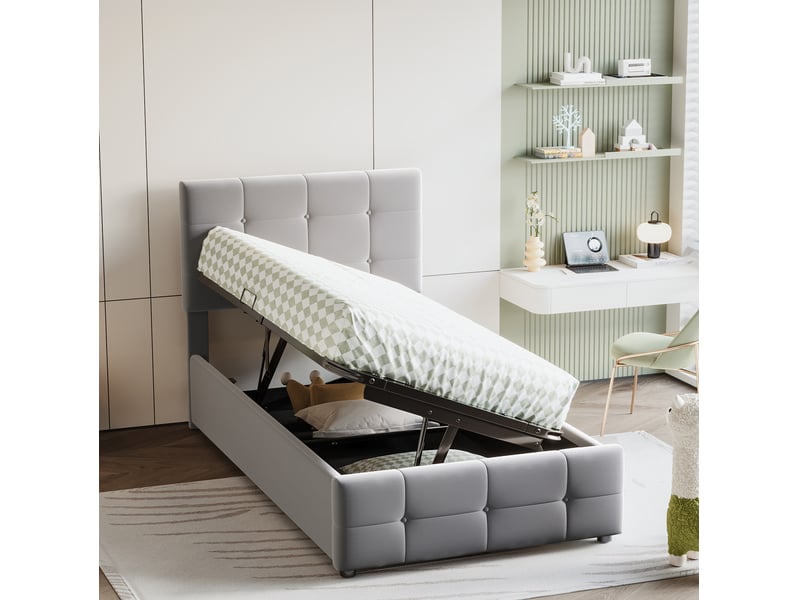  Modenvie lit coffre enfant 90x200 cm - rangement hydraulique, tete de lit reglable - gris  - Conforama B