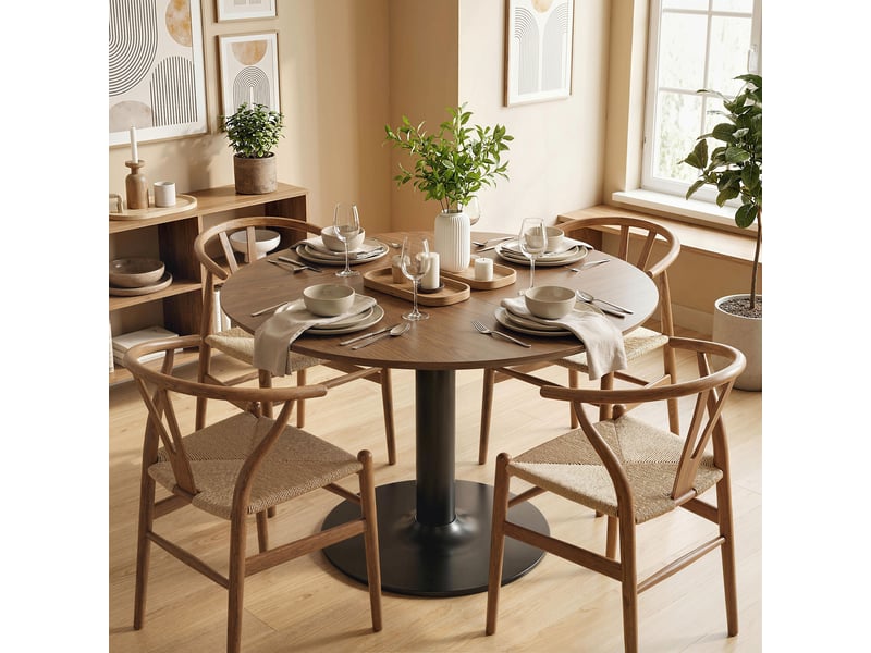  Table à manger ronde pour 4-6 personnes, table de cuisine avec large plateau et base en acier, ø 110 x 78 cm, marron  - Conforama C