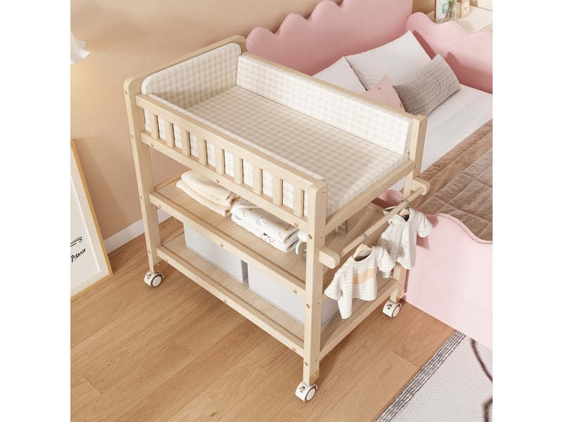 Table à langer 2-en-1 mobile avec rangements, 89 x 58 x 102 cm, bois de pin et mdf naturel - Conforama D