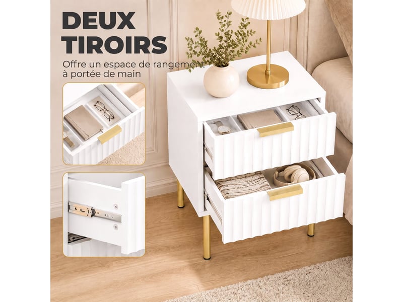  Table de chevet, table de nuit cannelée avec 2 tiroirs et pieds en acier, pour chambre à coucher, salon, blanc  - Conforama E