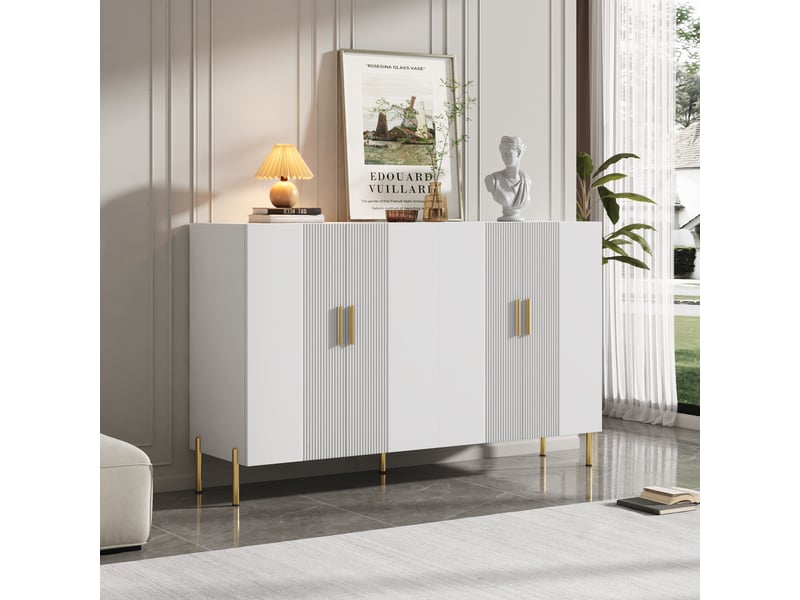 Buffet de rangement avec 4 portes, étagères ajustables et pieds dorés, poignées métal, pour salon et salle à manger, 160x35x100 cm - blanc - Conforama B
