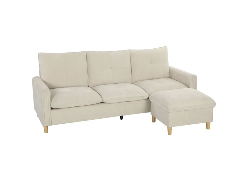 Canapé 3 places avec pouf de rangement, canapé d'angle modulable 210 cm, assise large, crème, tissu aspect lin - Conforama B