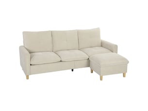 Canapé 3 places avec pouf de rangement, canapé d'angle modulable 210 cm, assise large, crème, tissu aspect lin