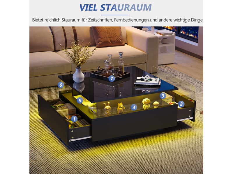  Table basse avec 2 tiroirs, espace transparent et led, pour salon, 70 × 70 × 41 cm, en panneau de particules, noir  - Conforama E