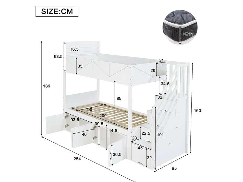  Lit superposé 90 × 200 cm avec escalier de rangement, placards sous lit et garde-corps haut, blanc, 254 × 95 × 189 cm  - Conforama C