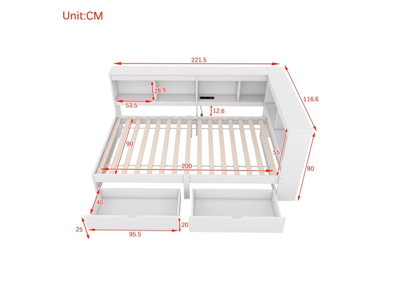  Lit banquette 90x200 cm daybed avec 2 tiroirs prise usb 2 ports sommier blanc sans matelas  - Conforama C