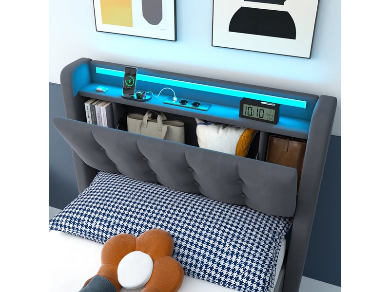  Lit enfant 90x200 cm en velours, lit simple en mdf et métal avec coffre, tiroirs, led et usb, sans matelas  - Conforama E