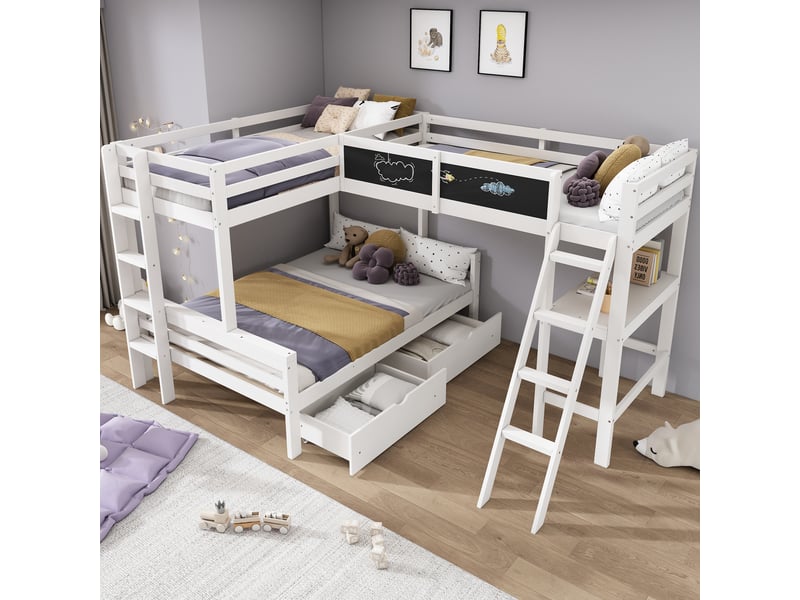 Lit superposé enfant 3 places 140×200 cm et 90×200 cm, tiroirs et bureau - sans matelas blanc et chêne - Conforama B