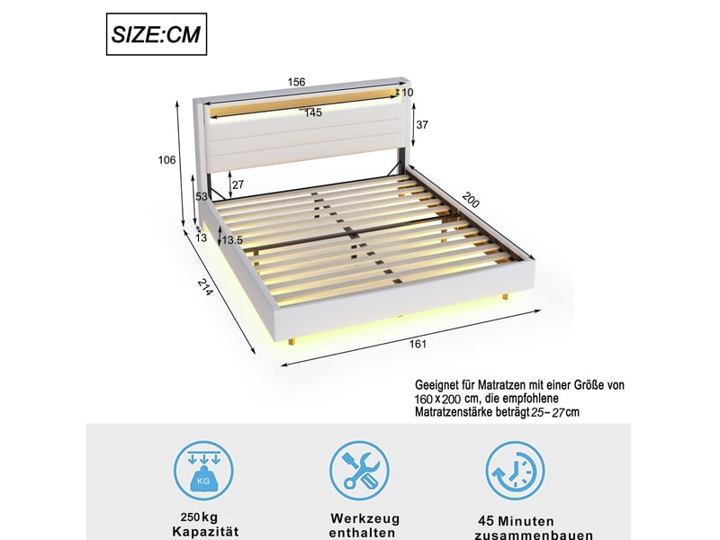  Modenvie lit double rembourré 160x200 cm - avec led et prise usb, sommier inclus - beige  - Conforama C