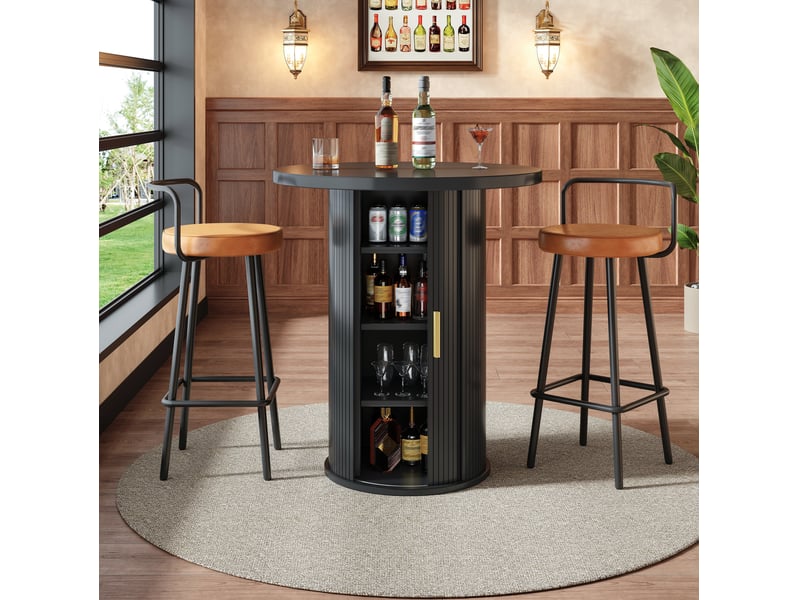  Table haute ronde avec 1 porte coulissante et 4 étagères de rangement pour salon et bar en mdf noir 60 × 60 × 91,6 cm  - Conforama B