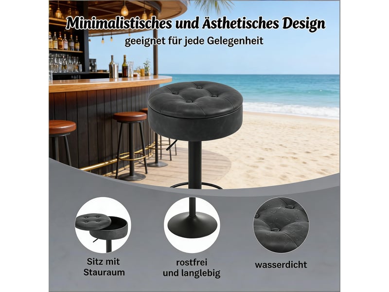  Tabouret de bar pivotant avec coffre de rangement, repose-pieds et hauteur réglable, en simili cuir charbon  - Conforama E
