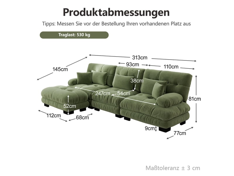 Canapé d'angle modulable 3 places en chenille vert avec ottomans mobiles - Conforama E