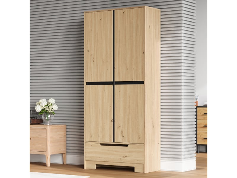  Buffet haut 80x35x180 cm avec 1 tiroir et 4 portes sans poignées en mdf couleur naturel, design simple  - Conforama D