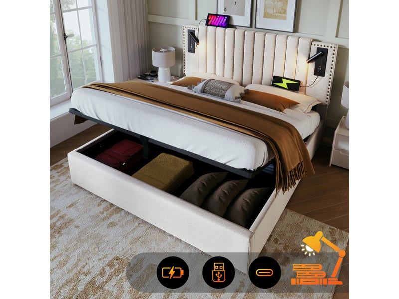  Lit coffre tcqpz 160 x 200 cm avec tête de lit réglable, liseuse, usb type-c, beige  - Conforama E