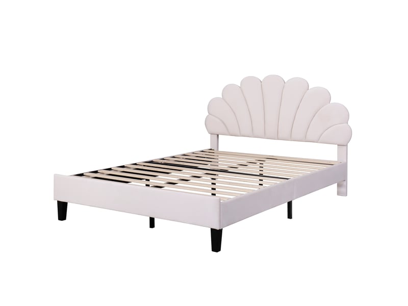  Lit adulte 140 × 200 cm 2 places avec tête de lit fleurie, sans matelas, en velours, beige  - Conforama A