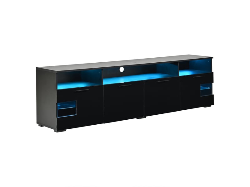  Meuble tv 180 cm noir, led bluetooth, 4 portes, niches ouvertes et tablettes en verre Fay Lum - Conforama E
