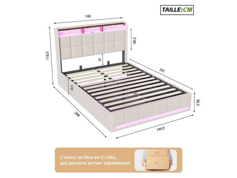  Lit adulte coffre 140x190 cm avec rangement intégré et tête de lit à ailes, lit 2 places avec niche de rangement, tissu lin beige, sans matelas  - Conforama C