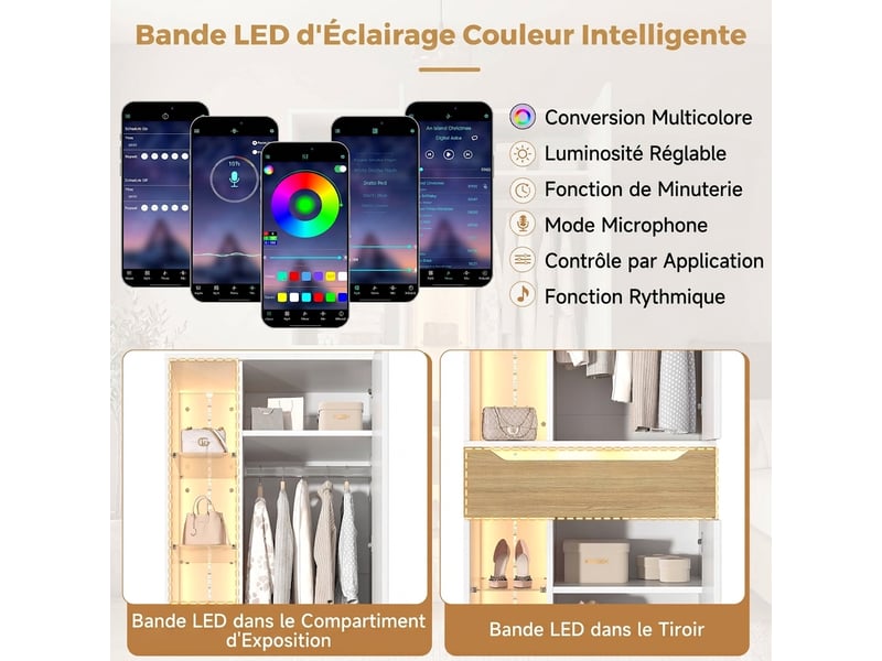  Armoire penderie blanche avec éclairage led et vitrine en verre 122x50x200 cm  - Conforama R