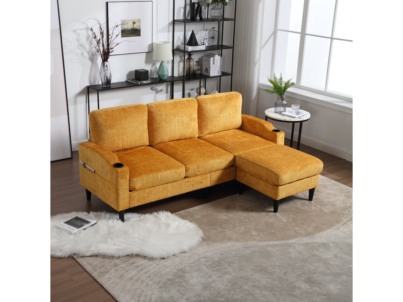  Canapé 4 places avec pouf en chenille douce 196,5 cm - rangement et porte-gobelets  - Conforama E