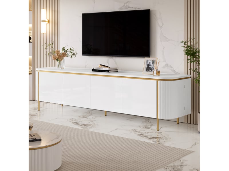 Meuble tv 6 portes sans poignées, passe-câbles, pieds en fer et extrémités arrondies, mdf blanc 180 × 38 × 46 cm - Conforama D